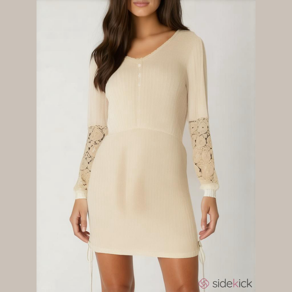 Emery Rose Dress Lace Lower Sleeve Trim Ruched Sides NWT Beige Corduroy 1X NWT